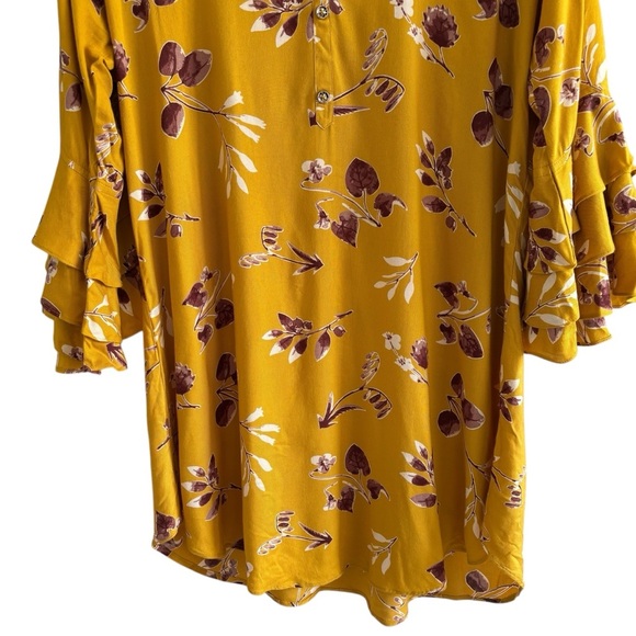 Mustard Yellow Floral Popover Blouse Tunic Ruffle Sleeves Peasant Bohemian XXL - Picture 3 of 16